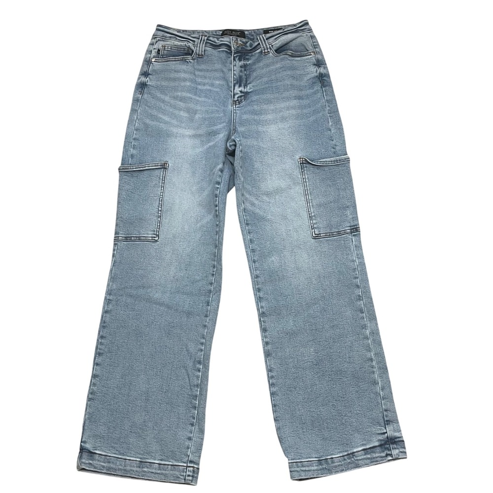 Judy Blue Womens Wide Leg Cargo Jeans Light Wash Denim Size 13/31 High Waist